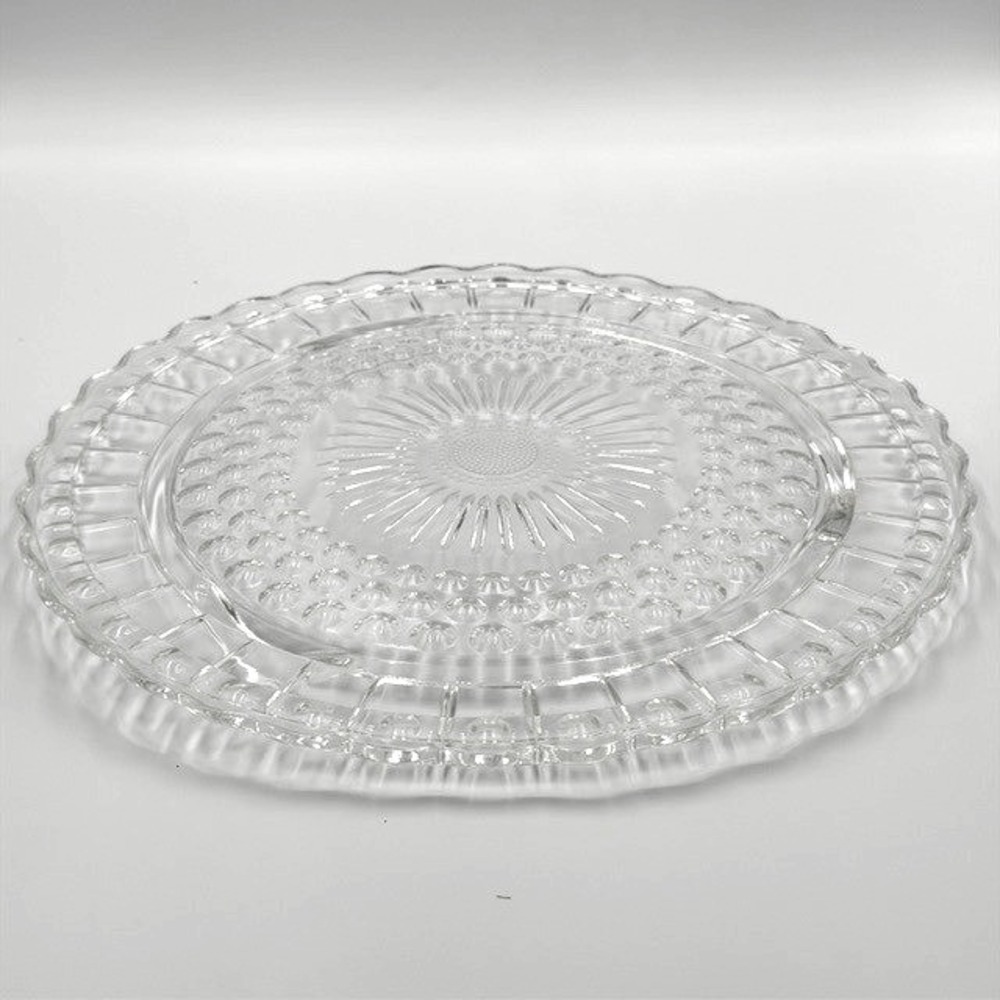 Vintage Clear Pressed Glass Footed Cake Plate Sunburst Hobnail Scalloped 11.75in